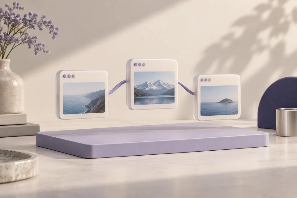 Three soft browser-window objects connected into a workspace