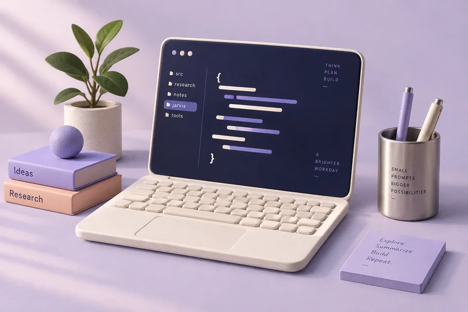 An ivory coding workspace with a deep indigo screen