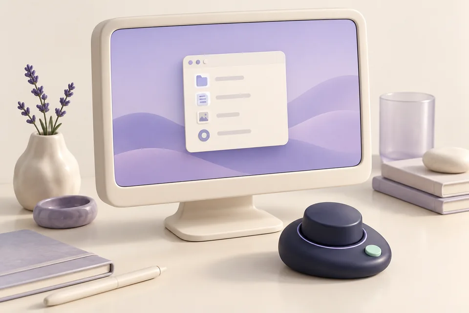 A cream desktop monitor and an indigo audio control pebble