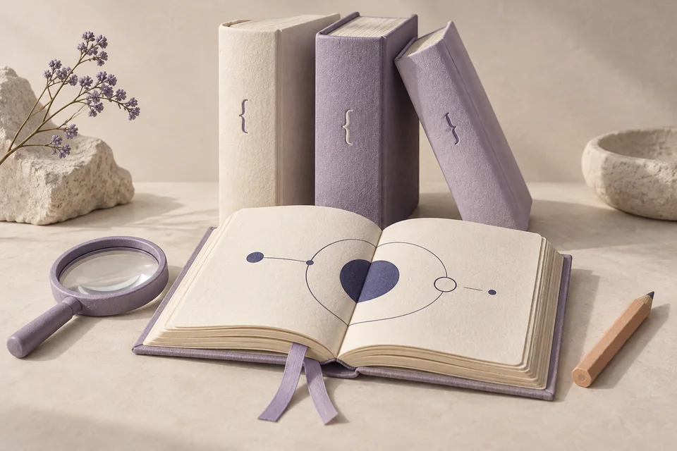 A small library of cream and lavender handbooks, with a magnifying glass and pencil