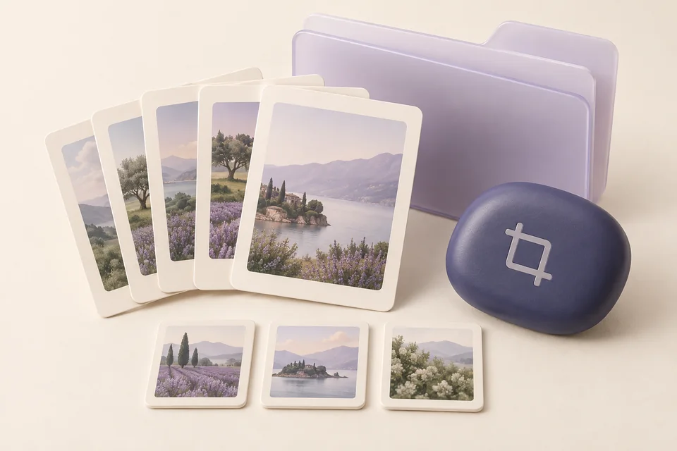 Photograph cards, a lavender folder, and prepared image thumbnails