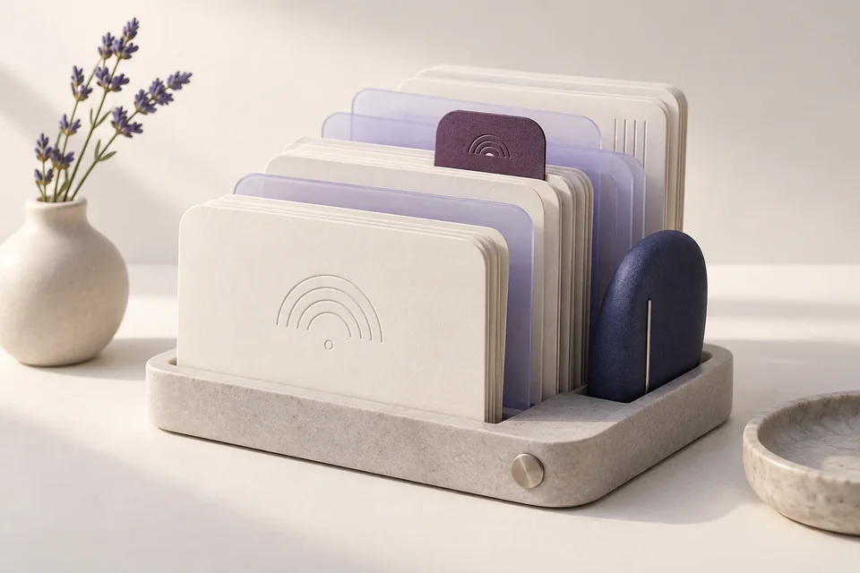 Cream cards and lavender dividers collected in a small local archive