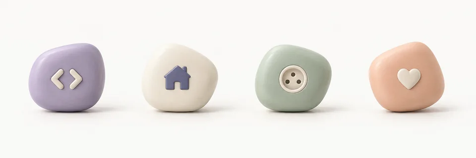 Four sculpted pebbles representing source, home, connections, and care