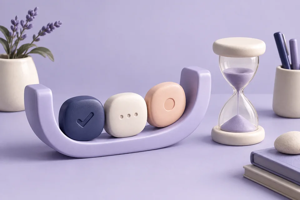 A curved task track with status tokens and a lavender hourglass