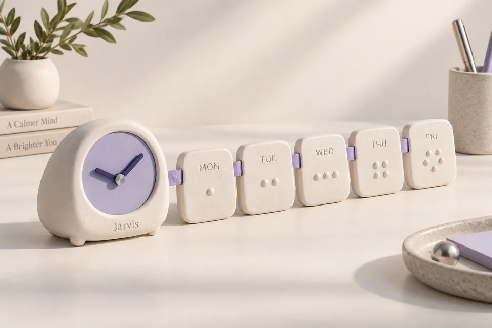 A pebble clock beside a sequence of softly rounded calendar cards
