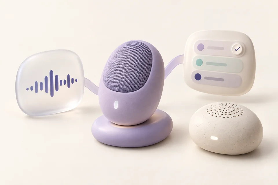 A tactile lavender microphone with voice and task cards