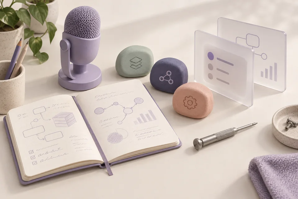 A maker’s collection of a lavender microphone, notebook, and tactile software modules